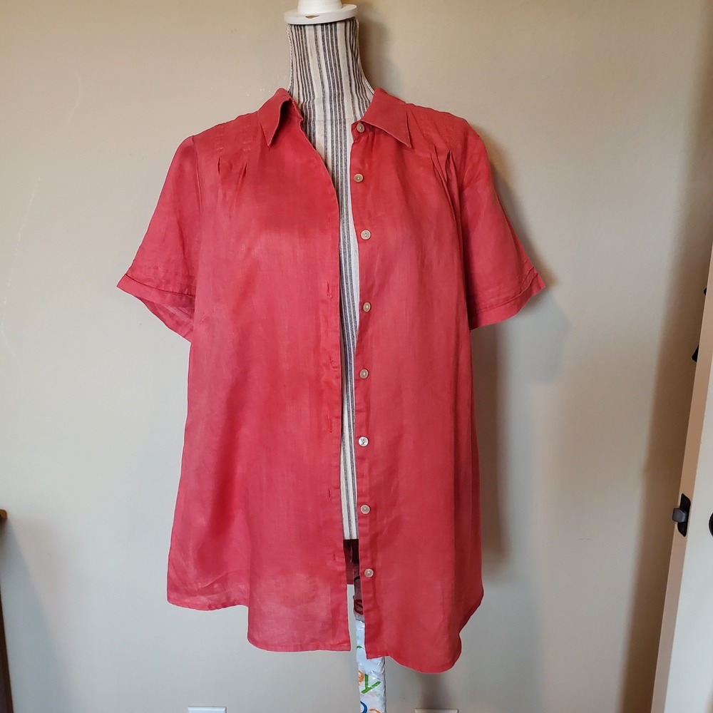 Avenue Women Plus Sz 18/20 Coral Pink 100% Linen Short Sleeve Button Down Shirt